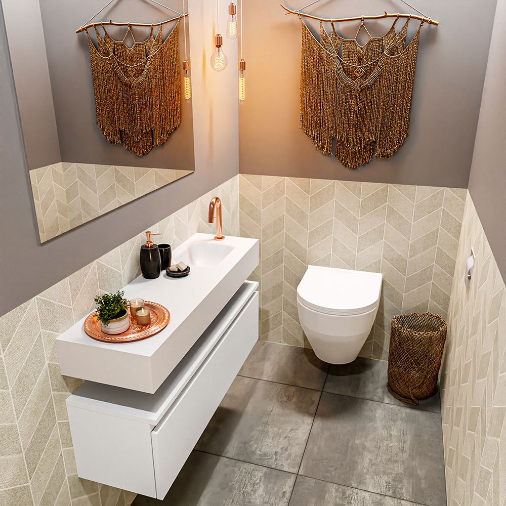 MONDIAZ ANDOR 100cm toiletmeubel talc. LEX 100cm wastafel talc positie rechts. Met 1 kraangat