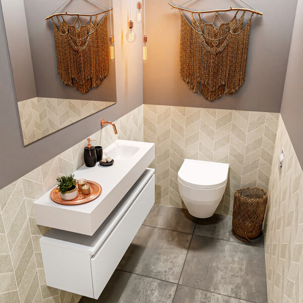 MONDIAZ ANDOR 100cm toiletmeubel talc. LEX 100cm wastafel talc positie rechts. Zonder kraangat