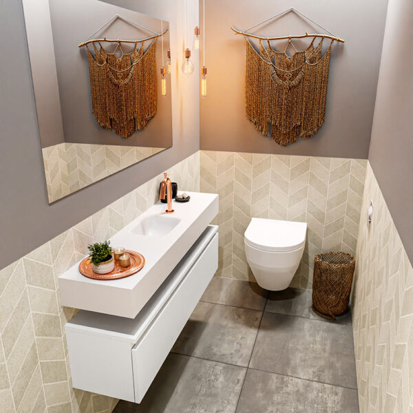 MONDIAZ ANDOR 120cm toiletmeubel talc. LEX 120cm wastafel talc positie midden. Met 1 kraangat