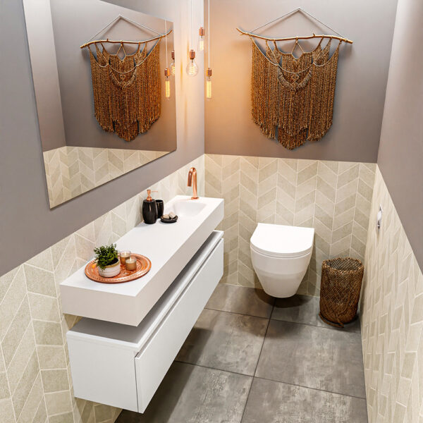 MONDIAZ ANDOR 120cm toiletmeubel talc. LEX 120cm wastafel talc positie rechts. Met 1 kraangat