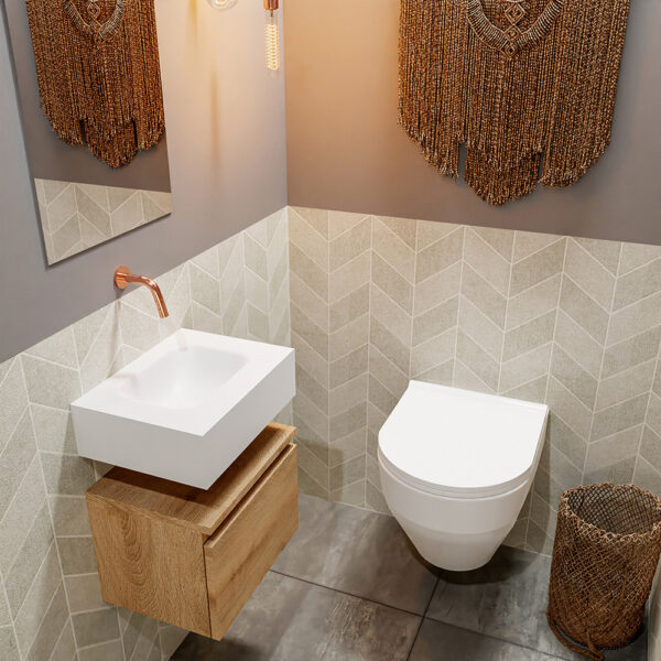 MONDIAZ ANDOR 40cm toiletmeubel washed oak. LEX 40cm wastafel talc positie midden. Zonder kraangat