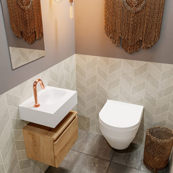 MONDIAZ ANDOR 40cm toiletmeubel washed oak. LEX 40cm wastafel talc positie rechts. Met 1 kraangat