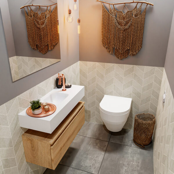 MONDIAZ ANDOR 80cm toiletmeubel washed oak. LEX 80cm wastafel talc positie midden. Met 1 kraangat