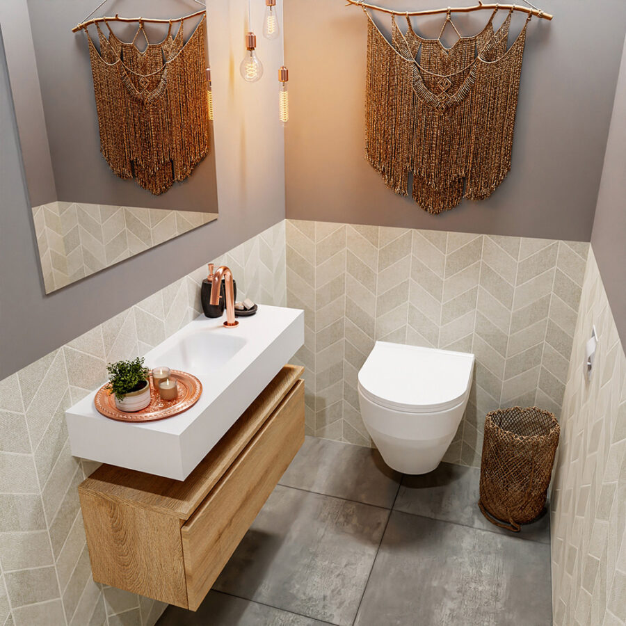 MONDIAZ ANDOR 80cm toiletmeubel washed oak. LEX 80cm wastafel talc positie midden. Met 1 kraangat