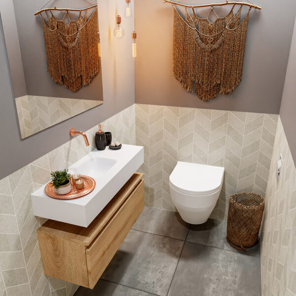 MONDIAZ ANDOR 80cm toiletmeubel washed oak. LEX 80cm wastafel talc positie midden. Zonder kraangat
