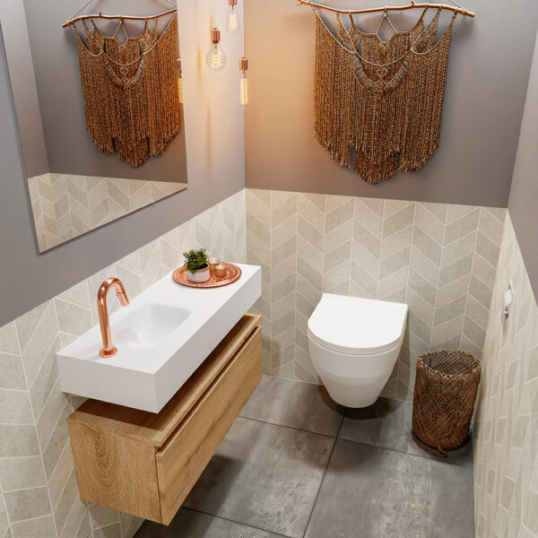 MONDIAZ ANDOR 80cm toiletmeubel washed oak. LEX 80cm wastafel talc positie links. Met 1 kraangat
