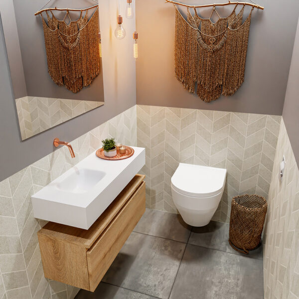 MONDIAZ ANDOR 80cm toiletmeubel washed oak. LEX 80cm wastafel talc positie links. Zonder kraangat