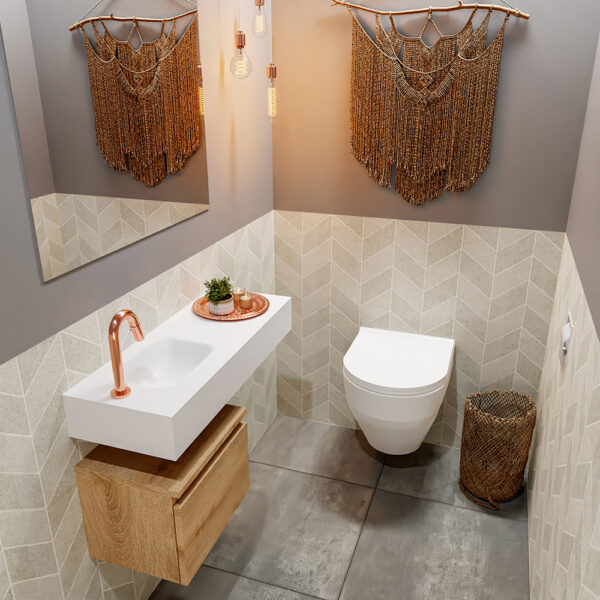 MONDIAZ ANDOR 40cm toiletmeubel washed oak. LEX 80cm wastafel talc positie links. Met 1 kraangat
