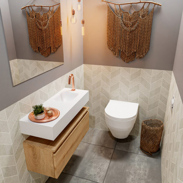 MONDIAZ ANDOR 80cm toiletmeubel washed oak. LEX 80cm wastafel talc positie rechts. Met 1 kraangat
