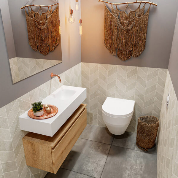 MONDIAZ ANDOR 80cm toiletmeubel washed oak. LEX 80cm wastafel talc positie rechts. Zonder kraangat