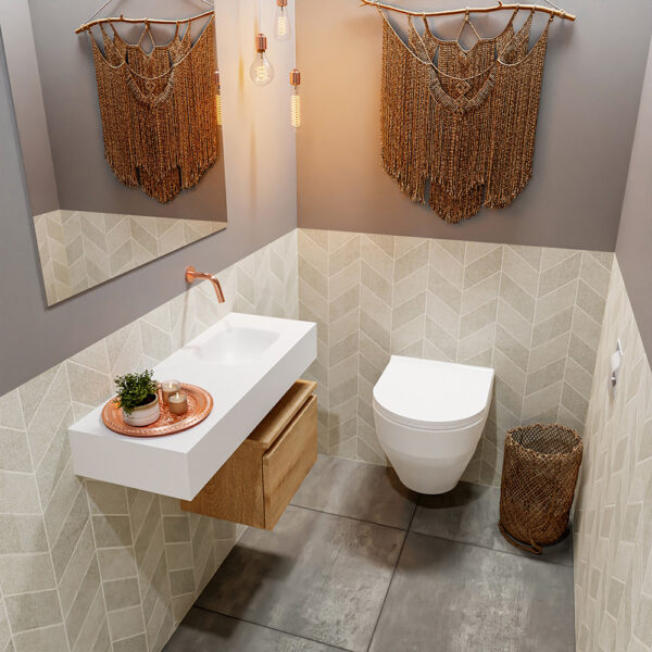 MONDIAZ ANDOR 40cm toiletmeubel washed oak. LEX 80cm wastafel talc positie rechts. Zonder kraangat