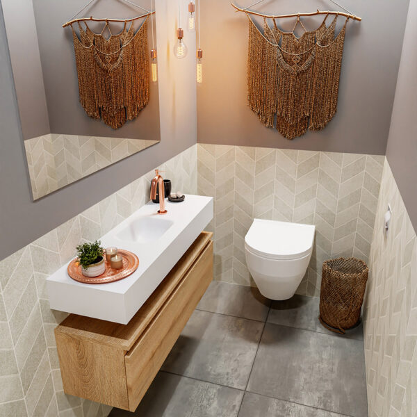 MONDIAZ ANDOR 100cm toiletmeubel washed oak. LEX 100cm wastafel talc positie midden. Met 1 kraangat