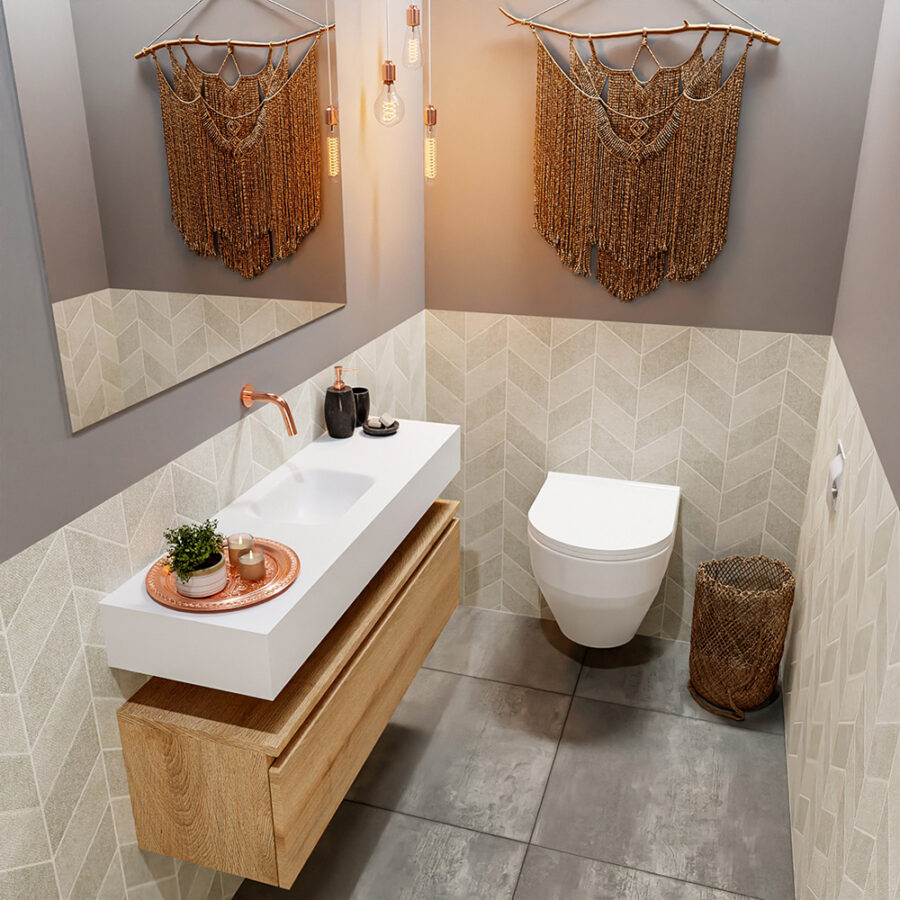 MONDIAZ ANDOR 100cm toiletmeubel washed oak. LEX 100cm wastafel talc positie midden. Zonder kraangat