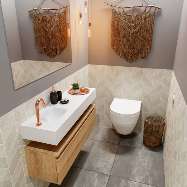 MONDIAZ ANDOR 100cm toiletmeubel washed oak. LEX 100cm wastafel talc positie links. Met 1 kraangat