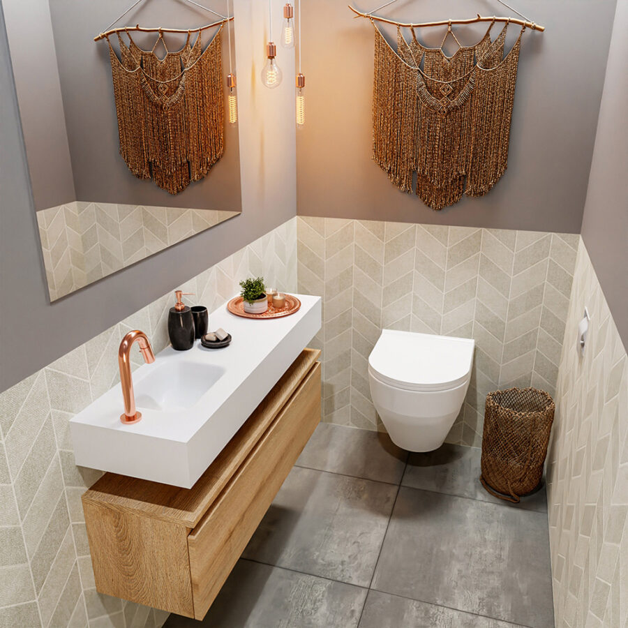 MONDIAZ ANDOR 100cm toiletmeubel washed oak. LEX 100cm wastafel talc positie links. Met 1 kraangat