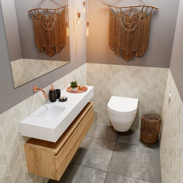 MONDIAZ ANDOR 100cm toiletmeubel washed oak. LEX 100cm wastafel talc positie links. Zonder kraangat