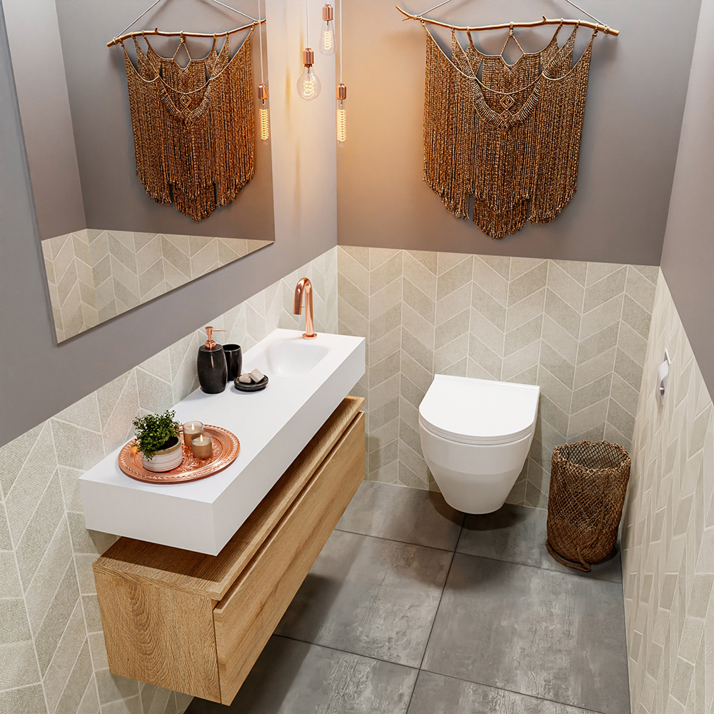 MONDIAZ ANDOR 100cm toiletmeubel washed oak. LEX 100cm wastafel talc positie rechts. Met 1 kraangat