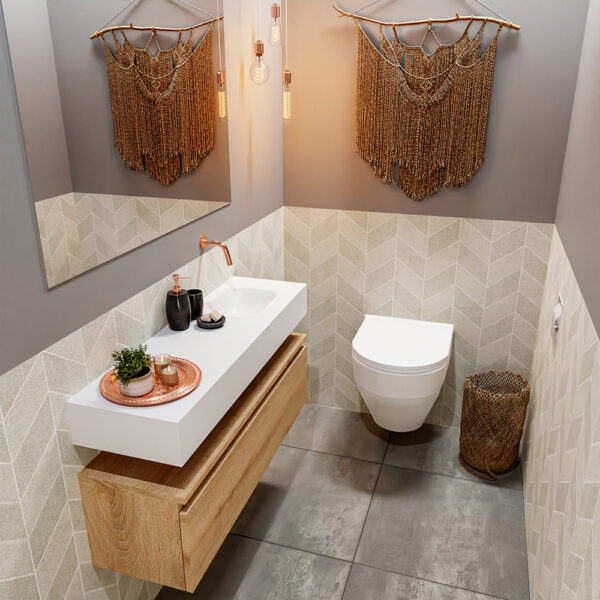MONDIAZ ANDOR 100cm toiletmeubel washed oak. LEX 100cm wastafel talc positie rechts. Zonder kraangat