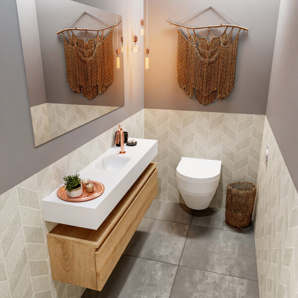 MONDIAZ ANDOR 120cm toiletmeubel washed oak. LEX 120cm wastafel talc positie midden. Met 1 kraangat