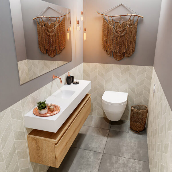 MONDIAZ ANDOR 120cm toiletmeubel washed oak. LEX 120cm wastafel talc positie midden. Zonder kraangat