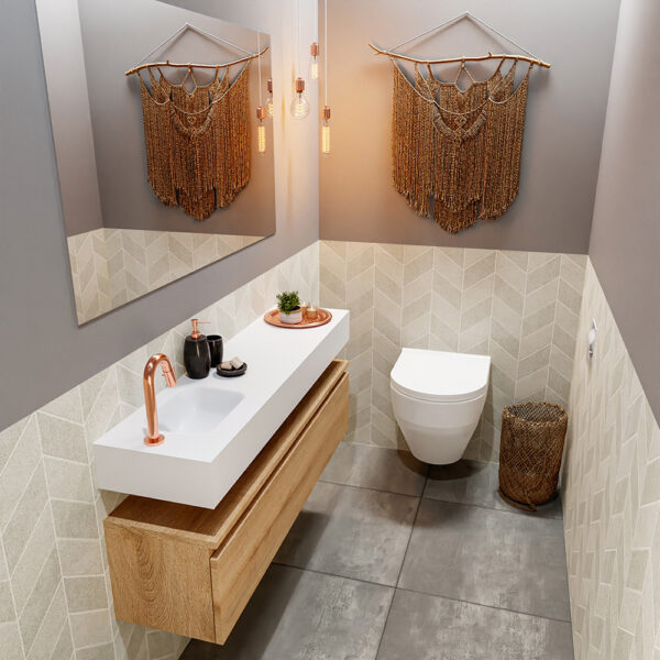 MONDIAZ ANDOR 120cm toiletmeubel washed oak. LEX 120cm wastafel talc positie links. Met 1 kraangat