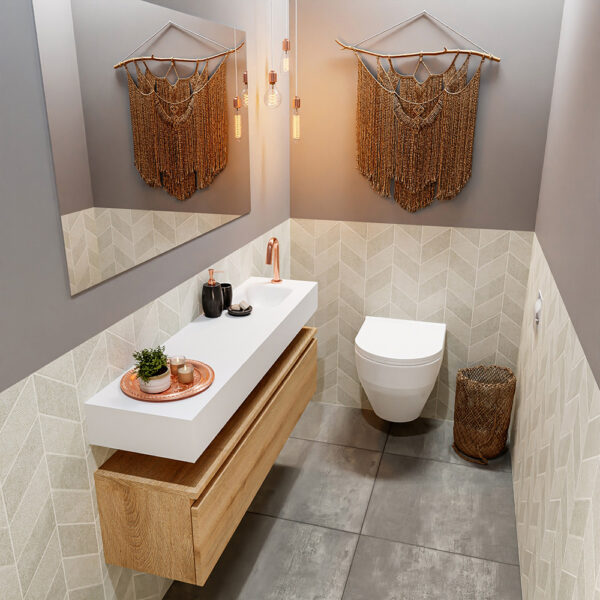 MONDIAZ ANDOR 120cm toiletmeubel washed oak. LEX 120cm wastafel talc positie rechts. Met 1 kraangat