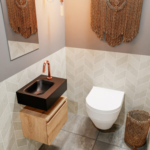 MONDIAZ ANDOR 40cm toiletmeubel washed oak. LEX 40cm wastafel urban positie links. Met 1 kraangat