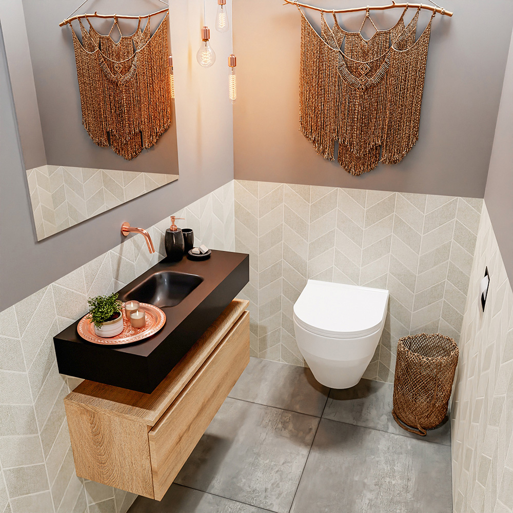 MONDIAZ ANDOR 80cm toiletmeubel washed oak. LEX 80cm wastafel urban positie midden. Zonder kraangat