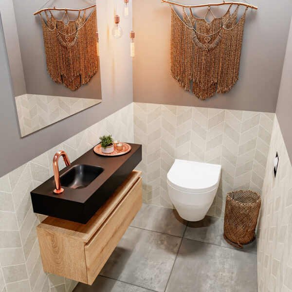 MONDIAZ ANDOR 80cm toiletmeubel washed oak. LEX 80cm wastafel urban positie links. Met 1 kraangat