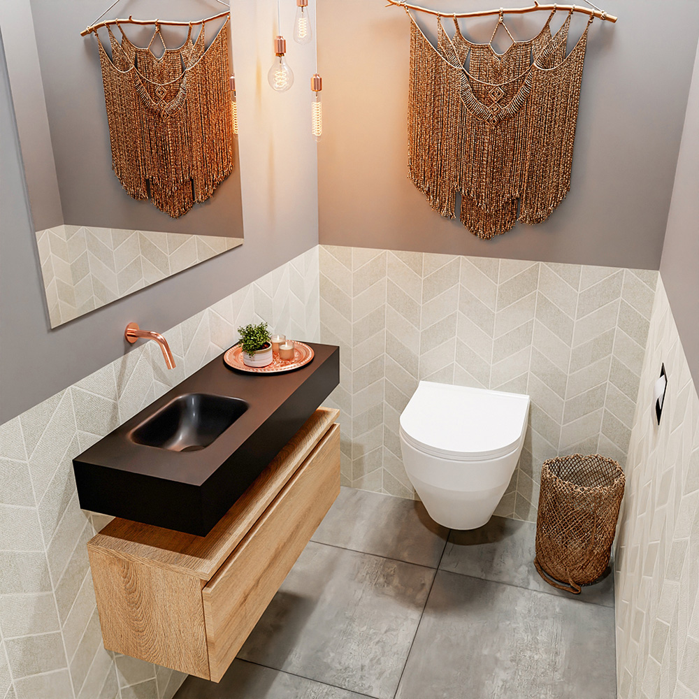 MONDIAZ ANDOR 80cm toiletmeubel washed oak. LEX 80cm wastafel urban positie links. Zonder kraangat