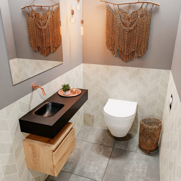 MONDIAZ ANDOR 40cm toiletmeubel washed oak. LEX 80cm wastafel urban positie links. Zonder kraangat