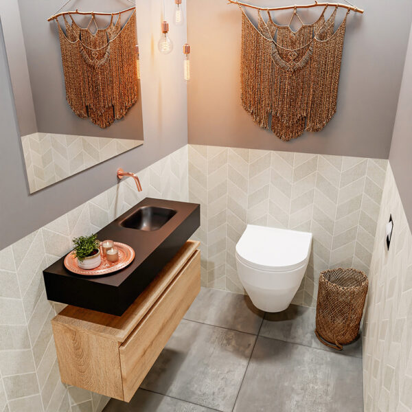 MONDIAZ ANDOR 80cm toiletmeubel washed oak. LEX 80cm wastafel urban positie rechts. Zonder kraangat