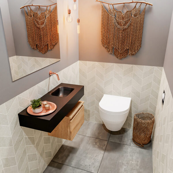 MONDIAZ ANDOR 40cm toiletmeubel washed oak. LEX 80cm wastafel urban positie rechts. Zonder kraangat