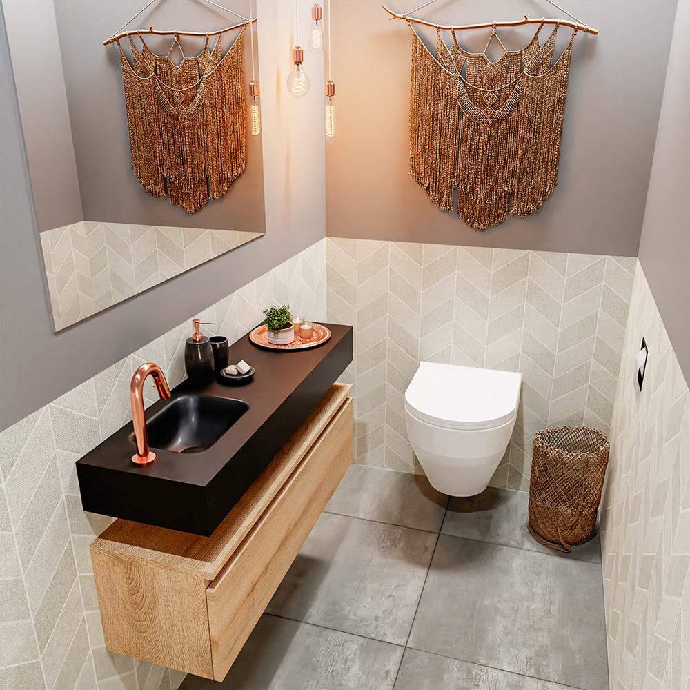 MONDIAZ ANDOR 100cm toiletmeubel washed oak. LEX 100cm wastafel urban positie links. Met 1 kraangat