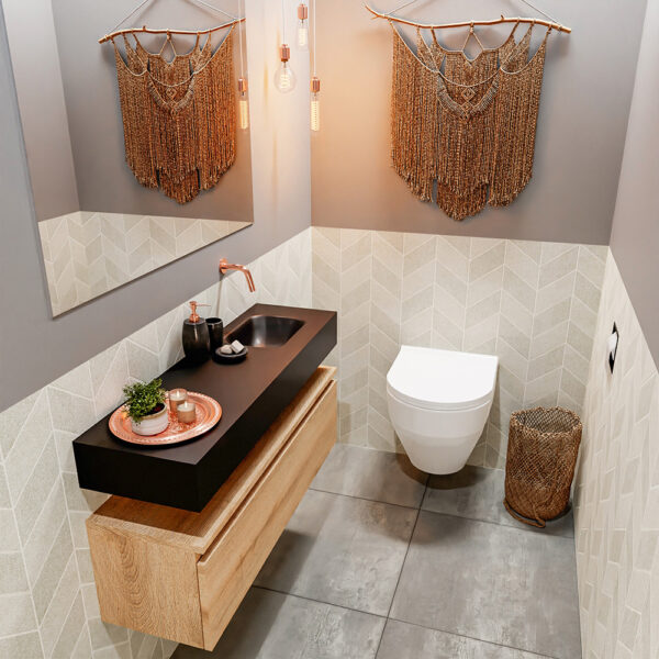 MONDIAZ ANDOR 100cm toiletmeubel washed oak. LEX 100cm wastafel urban positie rechts. Zonder kraangat