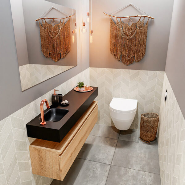 MONDIAZ ANDOR 120cm toiletmeubel washed oak. LEX 120cm wastafel urban positie links. Met 1 kraangat