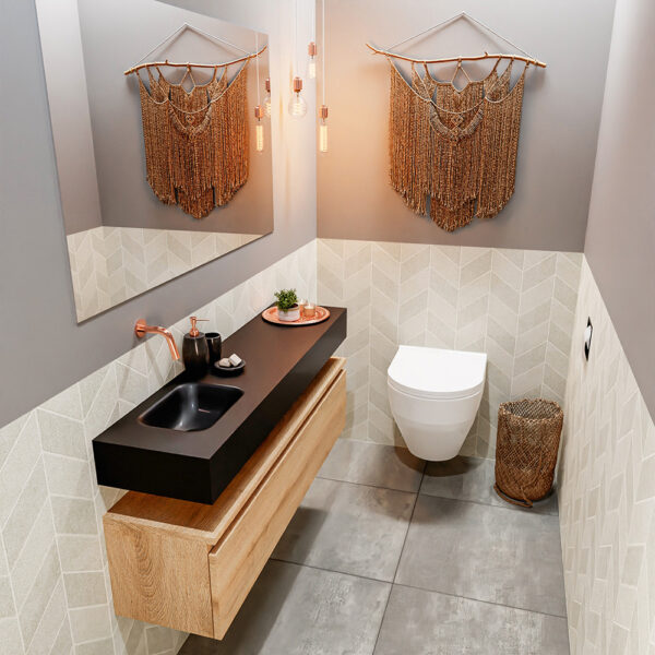 MONDIAZ ANDOR 120cm toiletmeubel washed oak. LEX 120cm wastafel urban positie links. Zonder kraangat