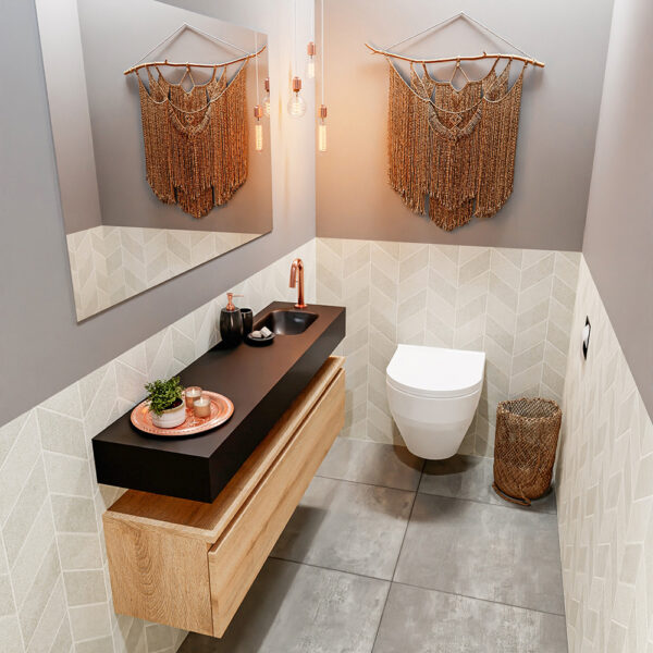 MONDIAZ ANDOR 120cm toiletmeubel washed oak. LEX 120cm wastafel urban positie rechts. Met 1 kraangat