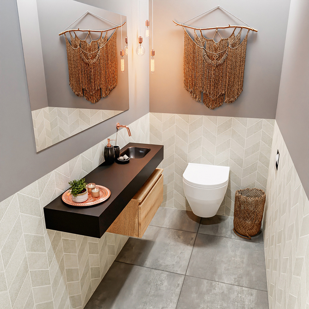 MONDIAZ ANDOR 60cm toiletmeubel washed oak. LEX 120cm wastafel urban positie rechts. Zonder kraangat