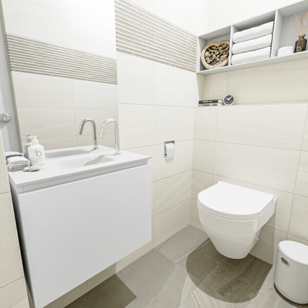 MONDIAZ OLAN 60cm toiletmeubel talc. LEX wastafel talc positie midden. Met 1 kraangat
