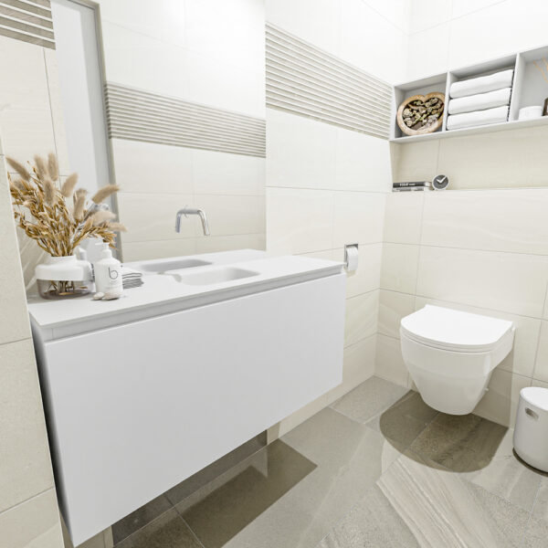 MONDIAZ OLAN 100cm toiletmeubel talc. LEX wastafel talc positie midden. Zonder kraangat