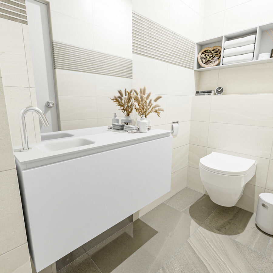 MONDIAZ OLAN 100cm toiletmeubel talc. LEX wastafel talc positie links. Met 1 kraangat