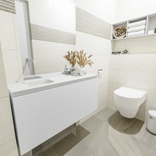 MONDIAZ OLAN 100cm toiletmeubel talc. LEX wastafel talc positie links. Zonder kraangat