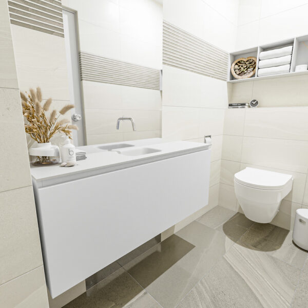 MONDIAZ OLAN 120cm toiletmeubel talc. LEX wastafel talc positie midden. Zonder kraangat