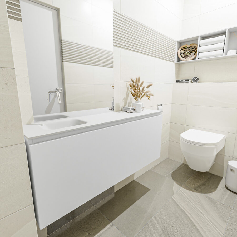 MONDIAZ OLAN 120cm toiletmeubel talc. LEX wastafel talc positie links. Zonder kraangat