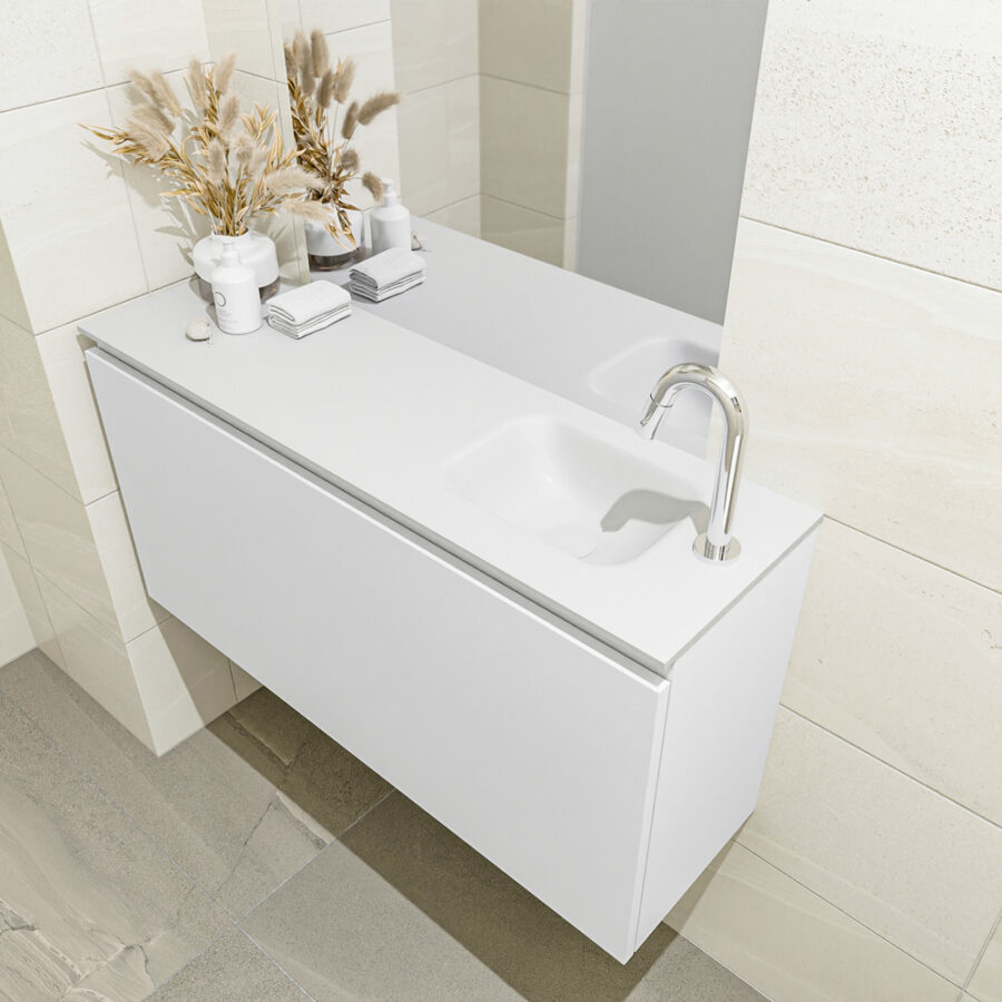 MONDIAZ OLAN 100cm toiletmeubel talc. LEX wastafel talc positie rechts. Met 1 kraangat - Afbeelding 2