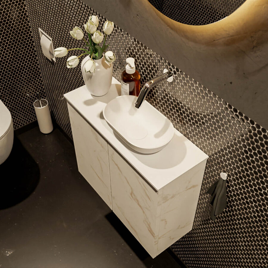 MONDIAZ FOWY toiletmeubel 60cm kleur Carrara. Waskom positie rechts kleur talc | talc. Zonder kraangat - Afbeelding 3