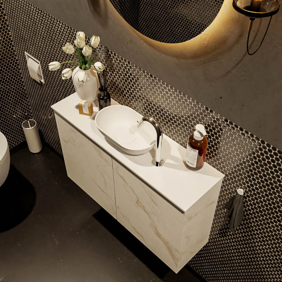 MONDIAZ FOWY toiletmeubel 80cm kleur Carrara. Waskom positie midden kleur talc | talc. Met 1 kraangat - Afbeelding 3