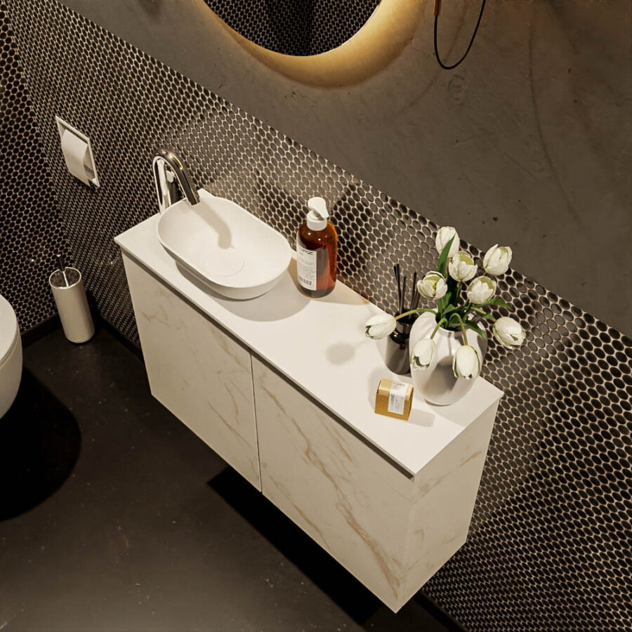 MONDIAZ FOWY toiletmeubel 80cm kleur Carrara. Waskom positie links kleur talc | talc. Met 1 kraangat - Afbeelding 3