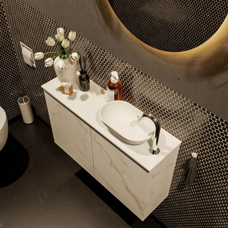 MONDIAZ FOWY toiletmeubel 80cm kleur Carrara. Waskom positie rechts kleur talc | talc. Met 1 kraangat - Afbeelding 3